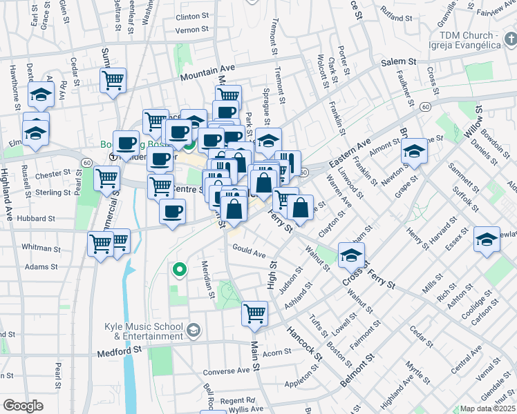 map of restaurants, bars, coffee shops, grocery stores, and more near in Malden