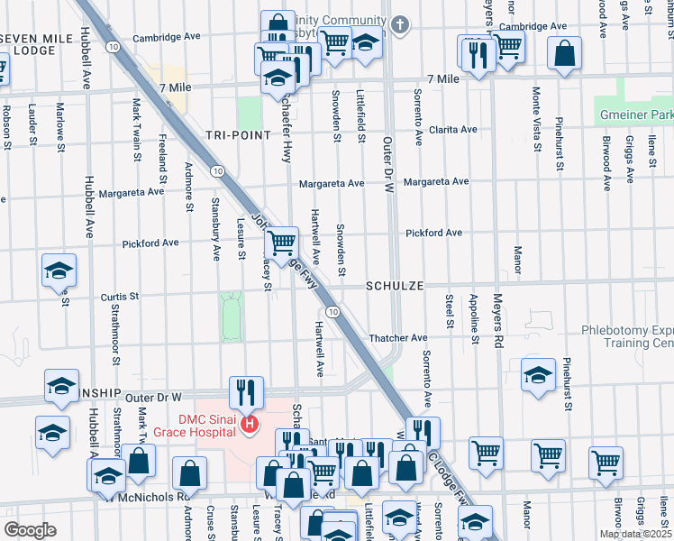map of restaurants, bars, coffee shops, grocery stores, and more near 18237 Snowden Street in Detroit