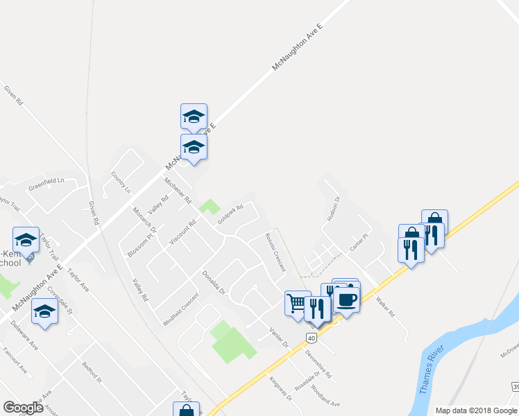 map of restaurants, bars, coffee shops, grocery stores, and more near 96 Goldpark Road in Chatham