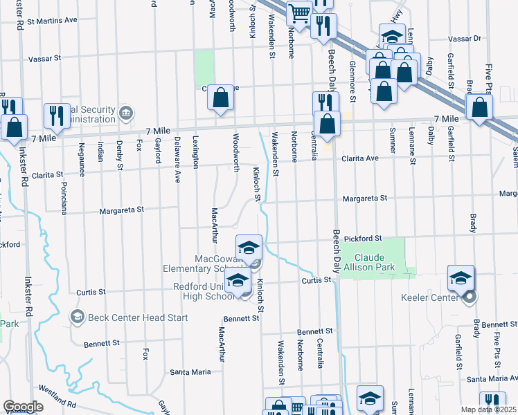 map of restaurants, bars, coffee shops, grocery stores, and more near 18513 Wakenden in Redford Charter Township