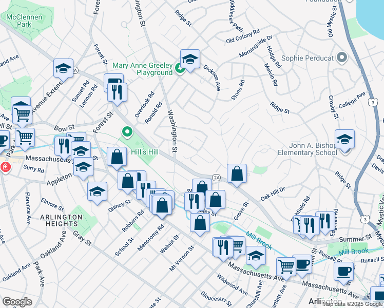 map of restaurants, bars, coffee shops, grocery stores, and more near 48 Charles Street in Arlington