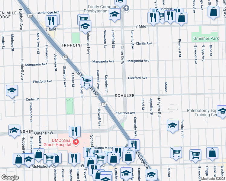 map of restaurants, bars, coffee shops, grocery stores, and more near 18237 Littlefield Street in Detroit