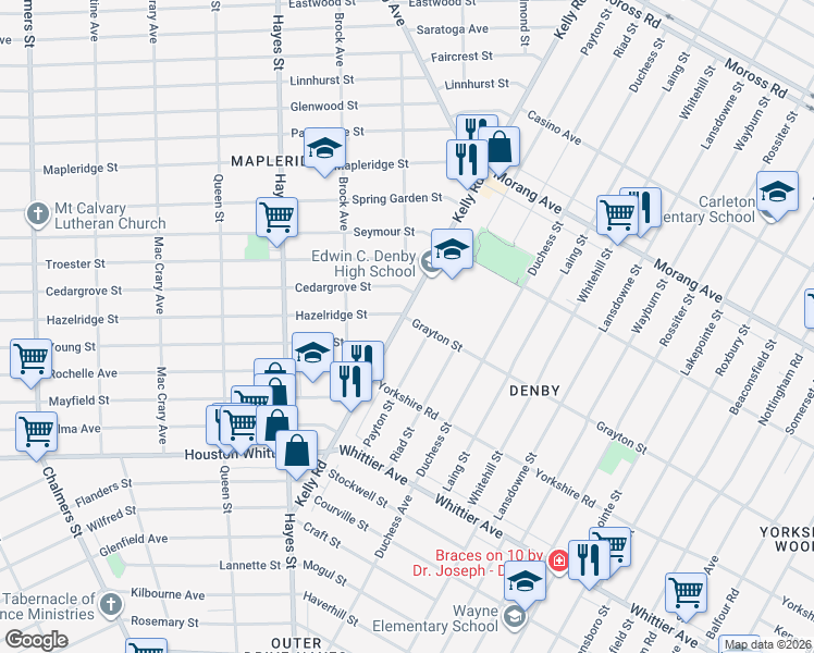 map of restaurants, bars, coffee shops, grocery stores, and more near 12764 Kelly Road in Detroit