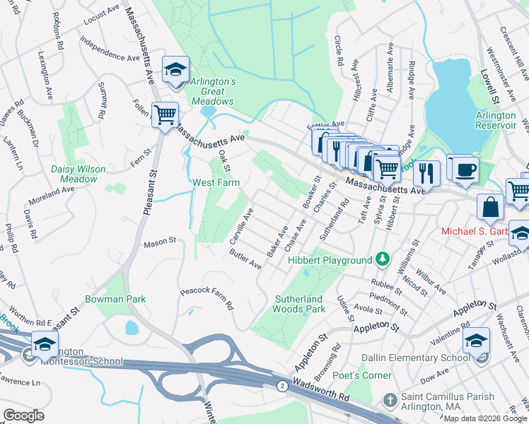 map of restaurants, bars, coffee shops, grocery stores, and more near 69 Oak Street in Lexington