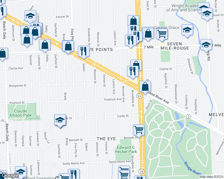 map of restaurants, bars, coffee shops, grocery stores, and more near 18475 Lenore Avenue in Detroit