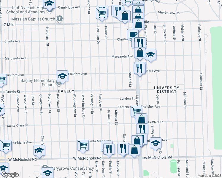map of restaurants, bars, coffee shops, grocery stores, and more near 18200 Prairie St in Detroit