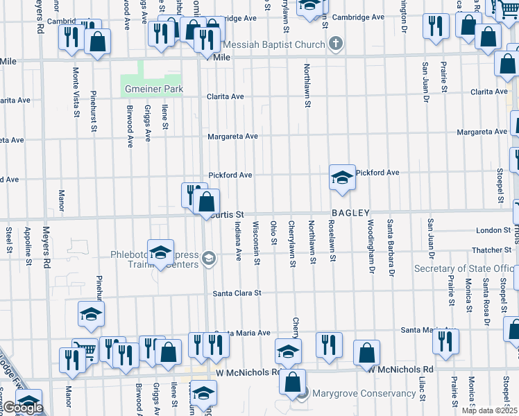 map of restaurants, bars, coffee shops, grocery stores, and more near 18212 Wisconsin Street in Detroit