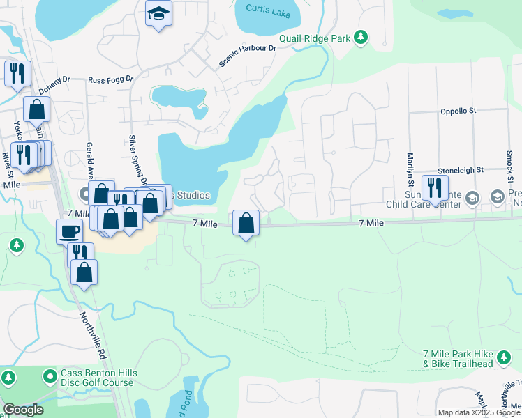 map of restaurants, bars, coffee shops, grocery stores, and more near 19200 West Harbour Village Drive in Northville