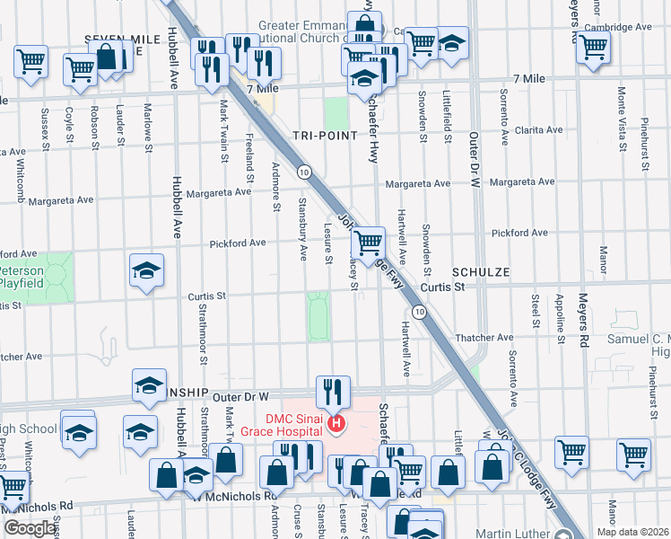 map of restaurants, bars, coffee shops, grocery stores, and more near 18242 Lesure Street in Detroit