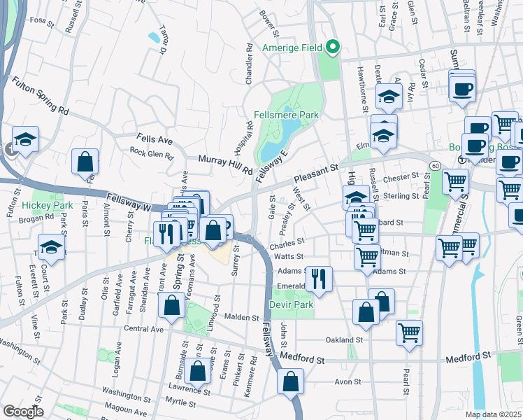 map of restaurants, bars, coffee shops, grocery stores, and more near 41 Fellsway East in Malden
