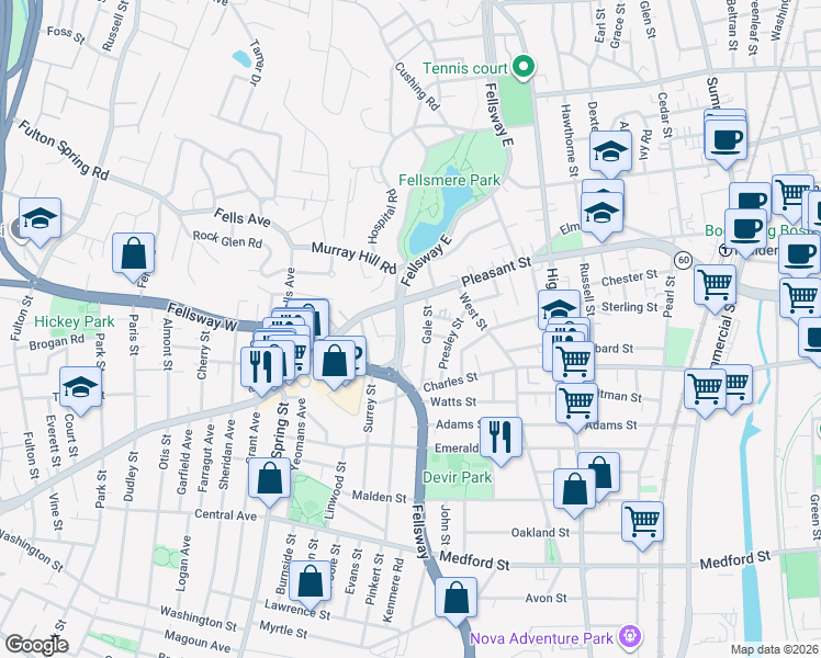 map of restaurants, bars, coffee shops, grocery stores, and more near 41 Fellsway East in Malden