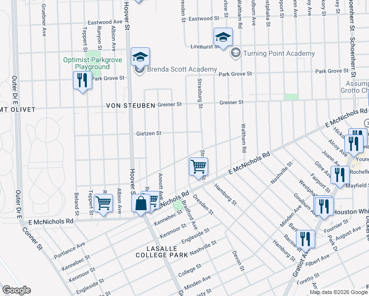 map of restaurants, bars, coffee shops, grocery stores, and more near 17337 Dresden Street in Detroit