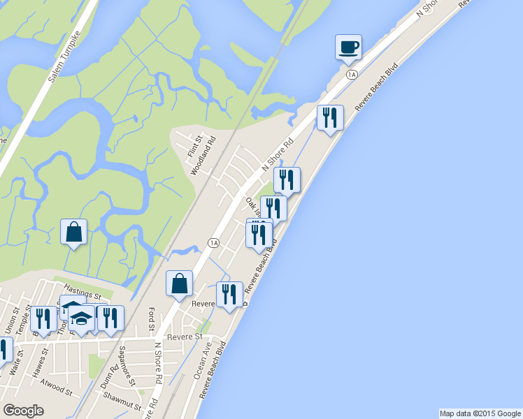 map of restaurants, bars, coffee shops, grocery stores, and more near 41 Oak Island Street in Revere