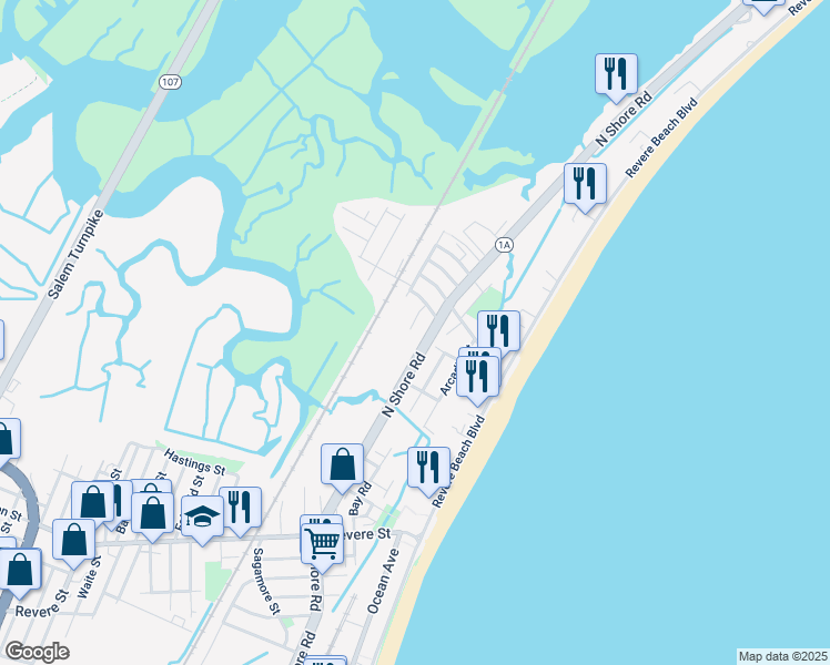 map of restaurants, bars, coffee shops, grocery stores, and more near 2FT Intervale Street in Revere