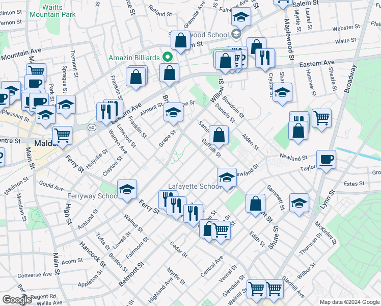map of restaurants, bars, coffee shops, grocery stores, and more near 351 Bryant Street in Malden