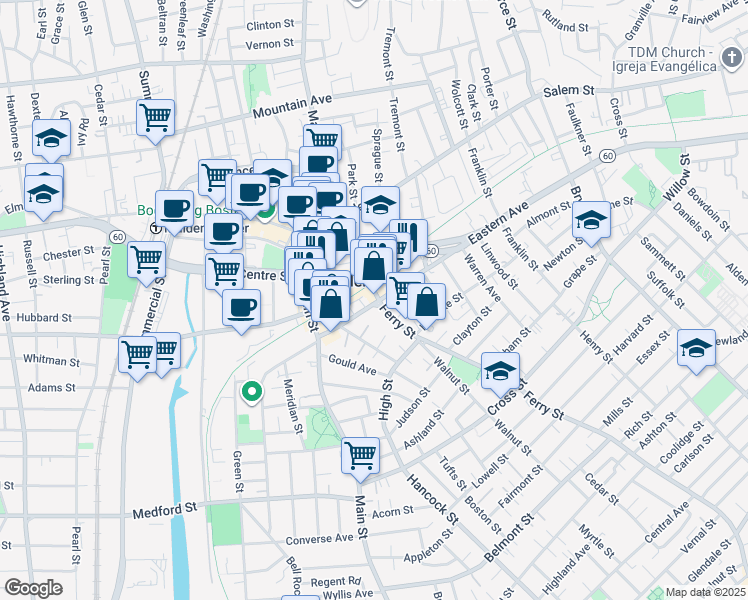 map of restaurants, bars, coffee shops, grocery stores, and more near in Malden