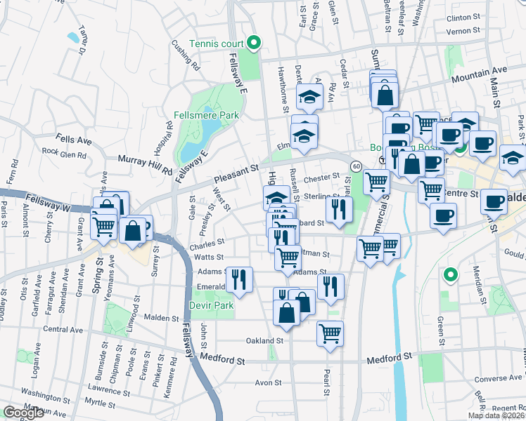 map of restaurants, bars, coffee shops, grocery stores, and more near 52 Wentworth Street in Malden