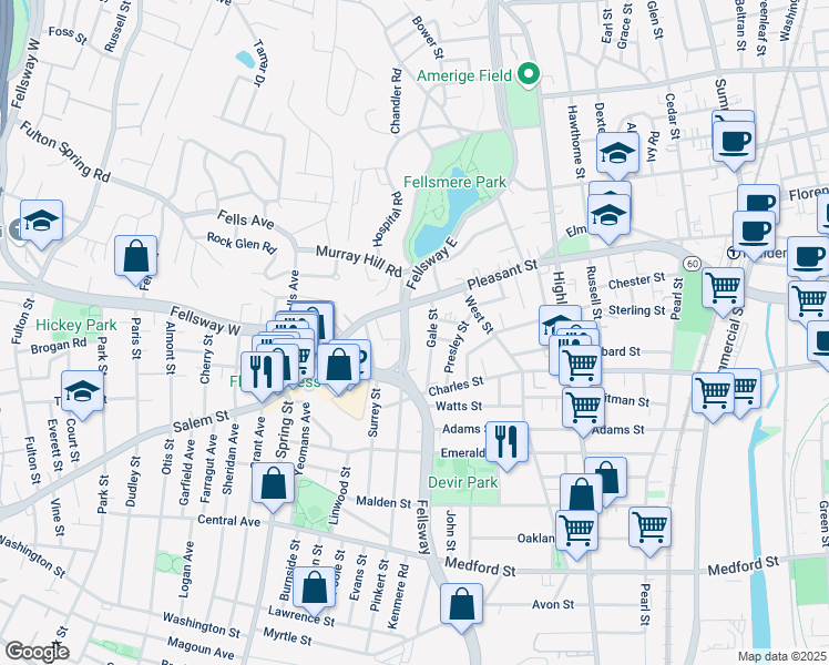map of restaurants, bars, coffee shops, grocery stores, and more near 41 Fellsway East in Malden