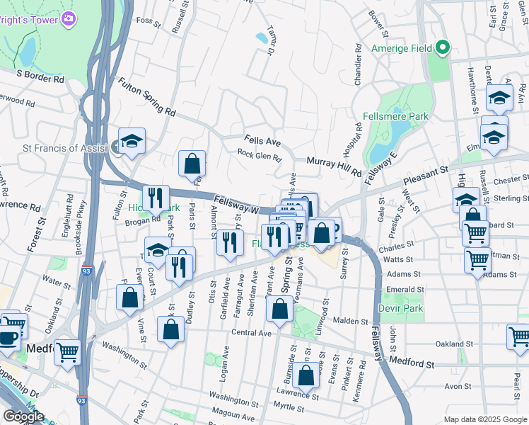 map of restaurants, bars, coffee shops, grocery stores, and more near 152 Fellsway West in Medford