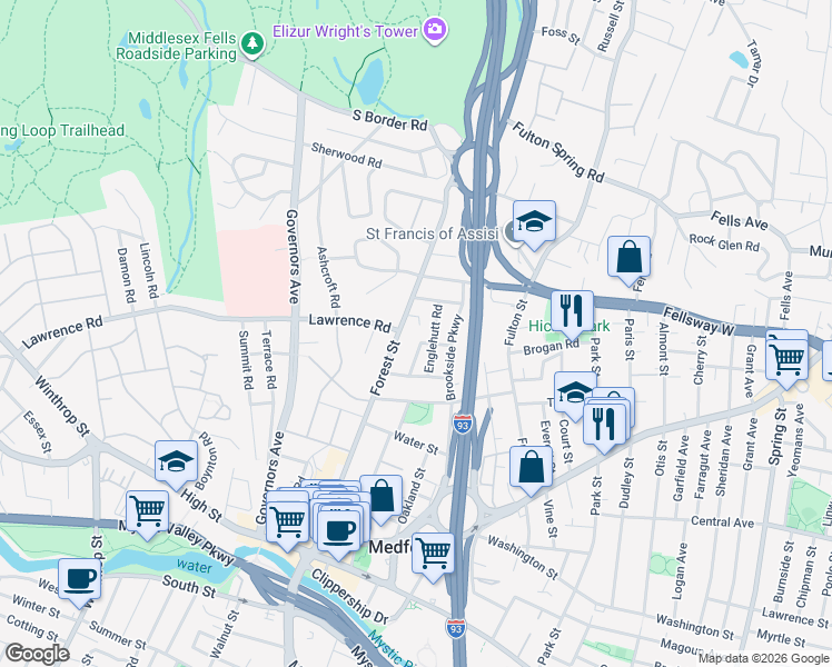 map of restaurants, bars, coffee shops, grocery stores, and more near 163 Forest Street in Medford