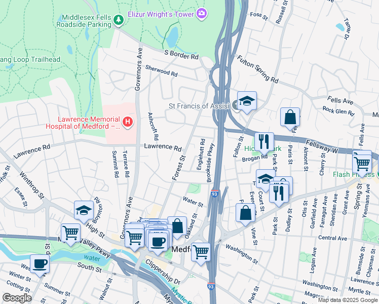 map of restaurants, bars, coffee shops, grocery stores, and more near 163 Forest Street in Medford