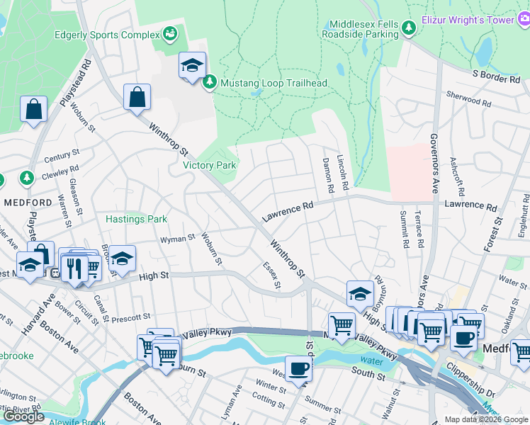 map of restaurants, bars, coffee shops, grocery stores, and more near 13 Whittier Road in Medford