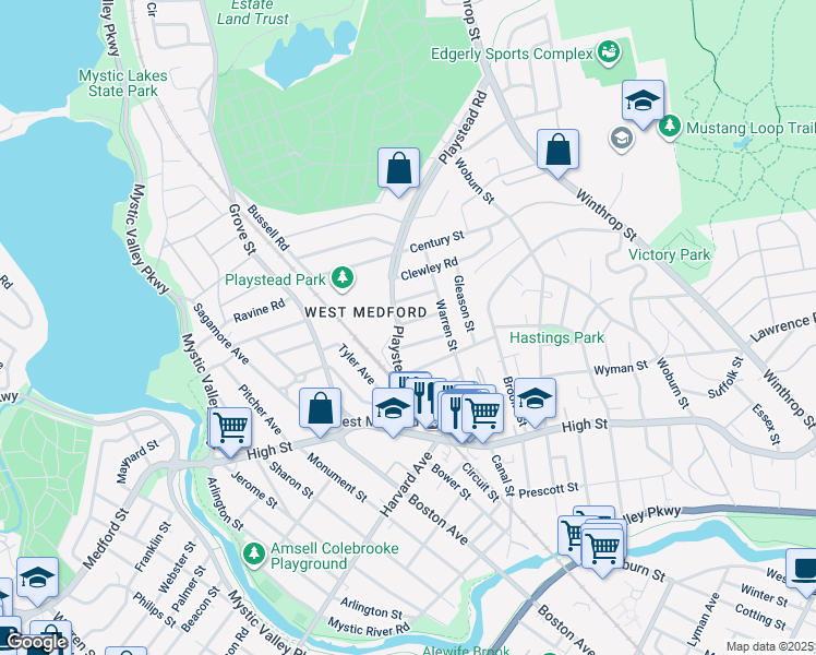 map of restaurants, bars, coffee shops, grocery stores, and more near in Medford