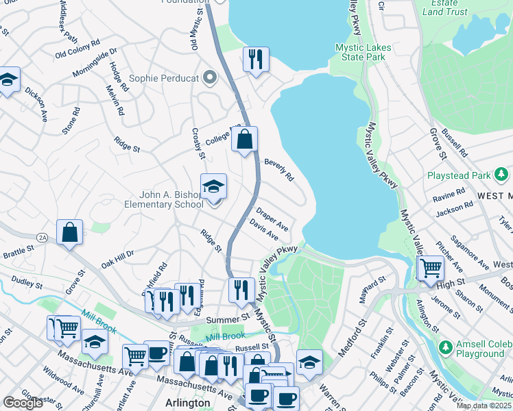 map of restaurants, bars, coffee shops, grocery stores, and more near 5 Draper Avenue in Arlington