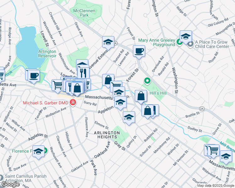 map of restaurants, bars, coffee shops, grocery stores, and more near 27 Peirce Street in Arlington