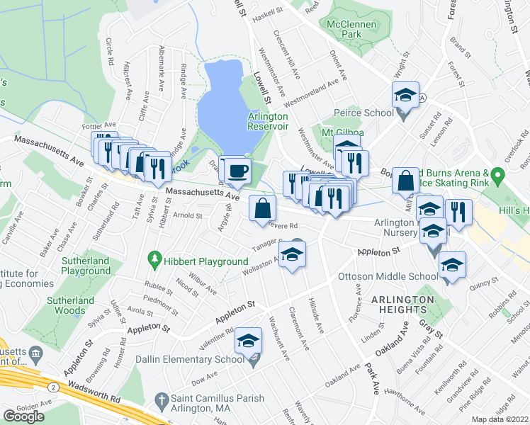 map of restaurants, bars, coffee shops, grocery stores, and more near 1422-1424 Massachusetts Avenue in Arlington