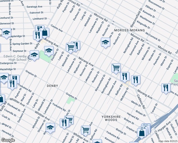 map of restaurants, bars, coffee shops, grocery stores, and more near 11515 Lakepointe Street in Detroit