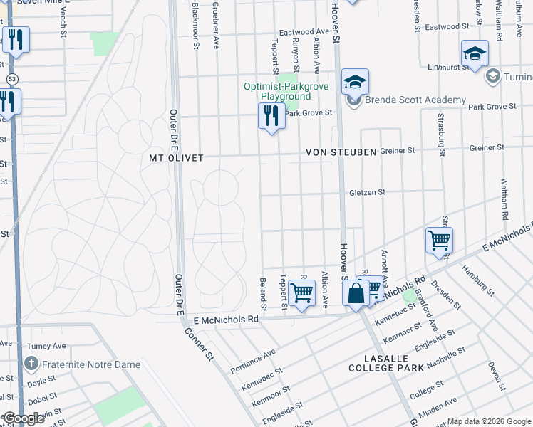map of restaurants, bars, coffee shops, grocery stores, and more near 17650 Beland Street in Detroit