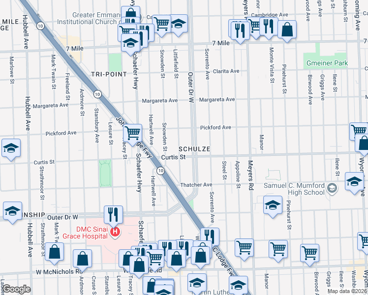 map of restaurants, bars, coffee shops, grocery stores, and more near 18236 Littlefield Street in Detroit