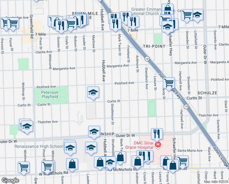 map of restaurants, bars, coffee shops, grocery stores, and more near 18260 Strathmoor Street in Detroit