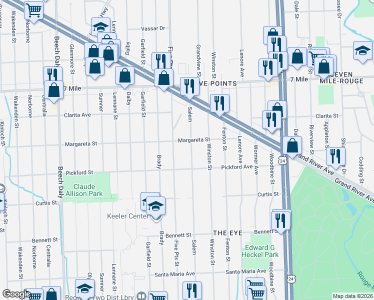 map of restaurants, bars, coffee shops, grocery stores, and more near 18485 Salem in Detroit