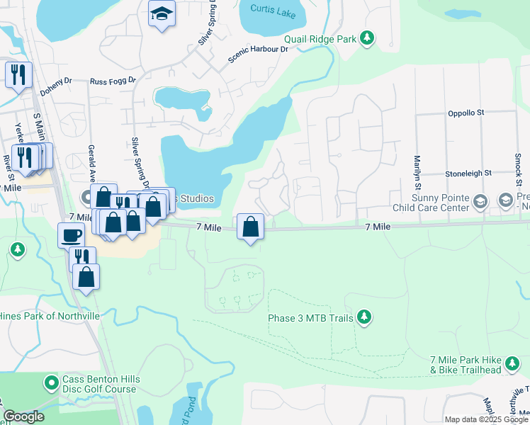 map of restaurants, bars, coffee shops, grocery stores, and more near 19200 West Harbour Village Drive in Northville