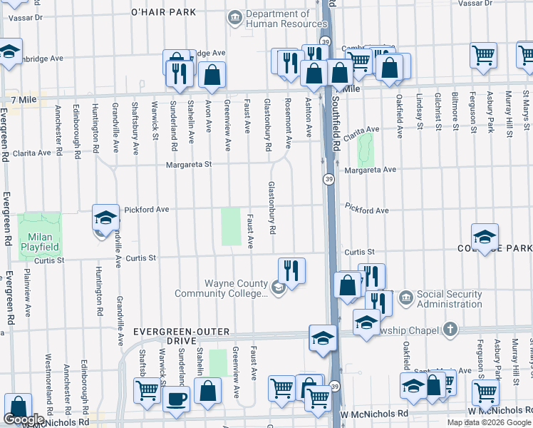 map of restaurants, bars, coffee shops, grocery stores, and more near 18321 Glastonbury Road in Detroit
