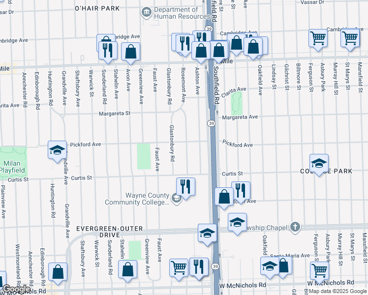 map of restaurants, bars, coffee shops, grocery stores, and more near 18321 Rosemont Avenue in Detroit