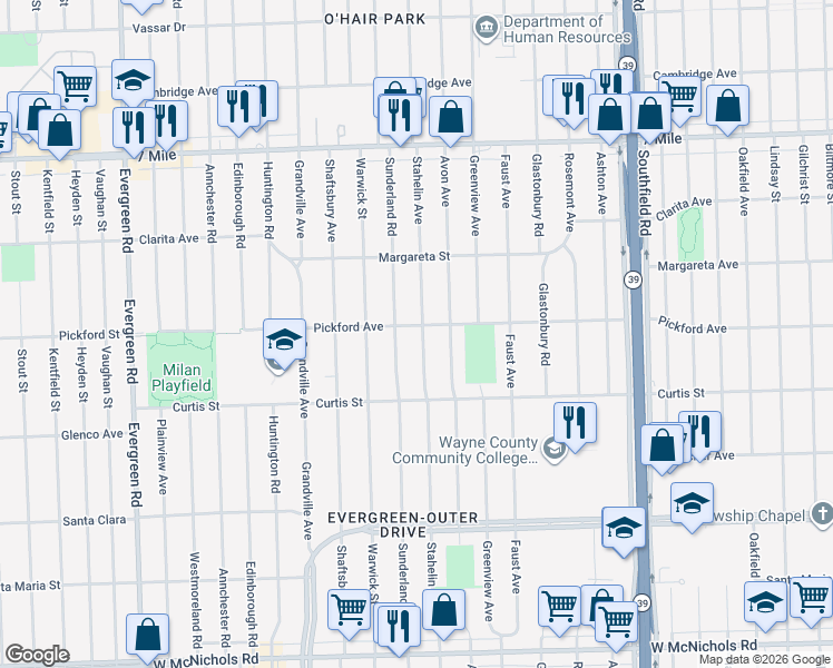 map of restaurants, bars, coffee shops, grocery stores, and more near 18329 Stahelin Avenue in Detroit