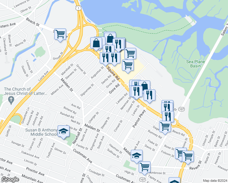 map of restaurants, bars, coffee shops, grocery stores, and more near 149 Gore Road in Revere