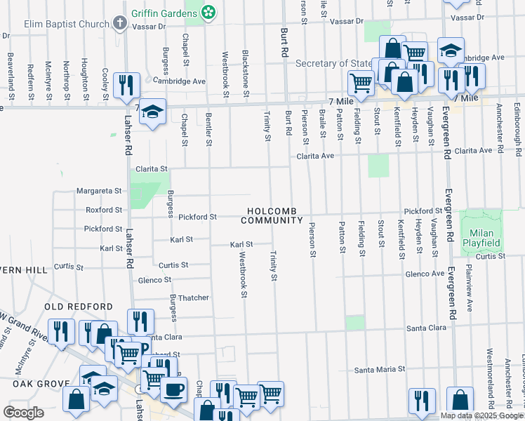map of restaurants, bars, coffee shops, grocery stores, and more near 21126 Pickford Street in Detroit