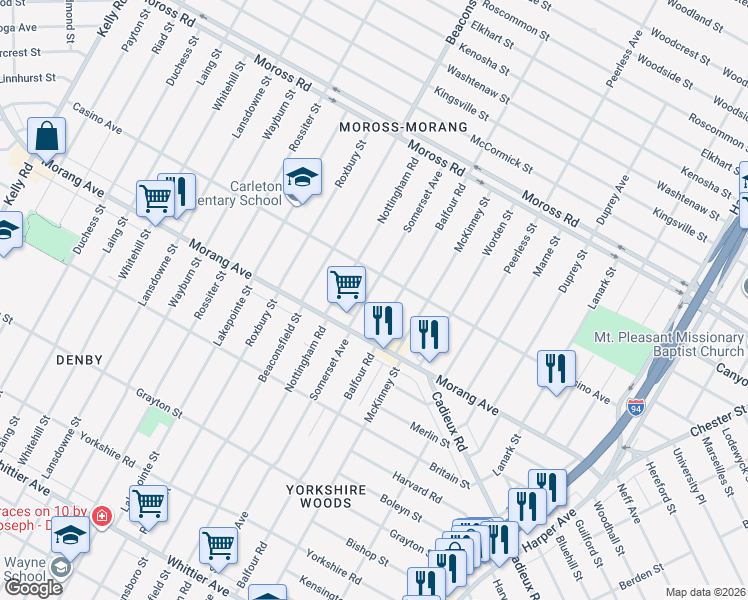 map of restaurants, bars, coffee shops, grocery stores, and more near 11276 Somerset Avenue in Detroit