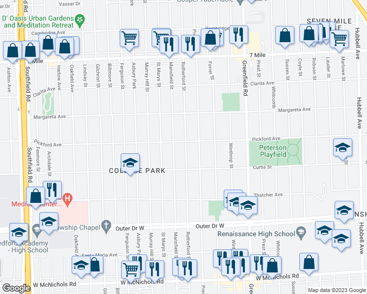 map of restaurants, bars, coffee shops, grocery stores, and more near 18299 Rutherford Street in Detroit