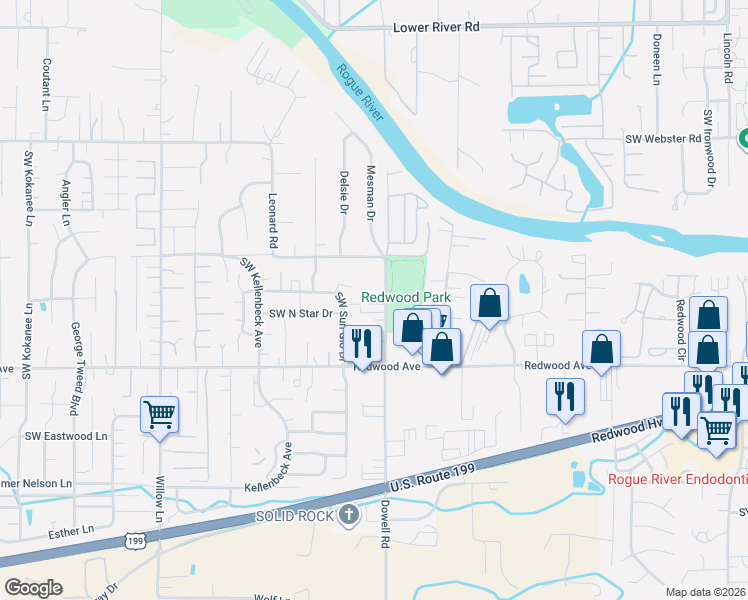 map of restaurants, bars, coffee shops, grocery stores, and more near 1380 Dowell Road in Grants Pass