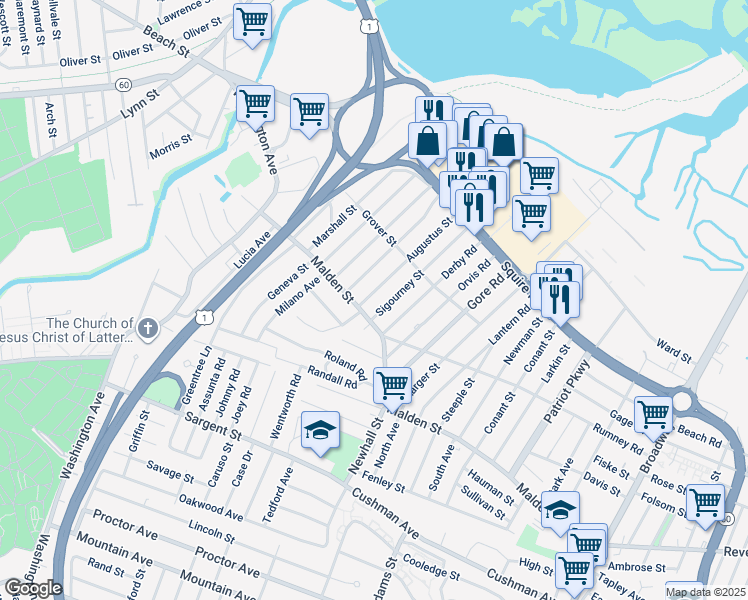 map of restaurants, bars, coffee shops, grocery stores, and more near 22 Sigourney Street in Revere