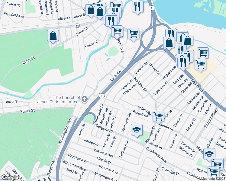 map of restaurants, bars, coffee shops, grocery stores, and more near 86 Asti Avenue in Revere