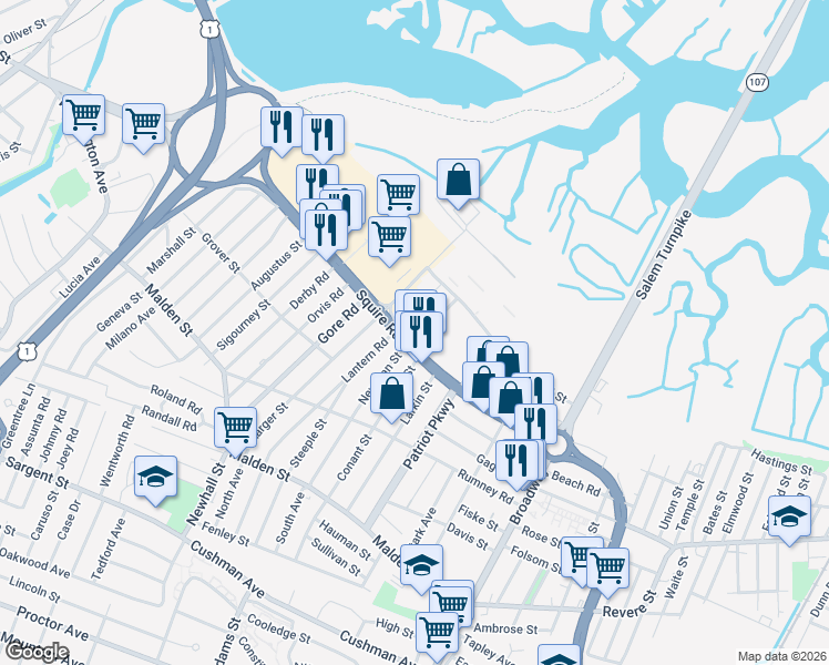 map of restaurants, bars, coffee shops, grocery stores, and more near 211 Lechmere Street in Revere