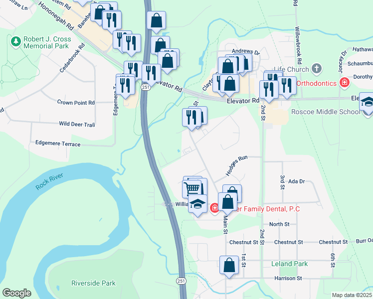 map of restaurants, bars, coffee shops, grocery stores, and more near 11320 Main Street in Roscoe