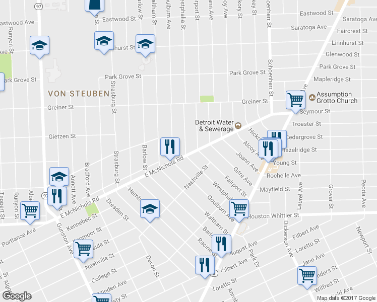 map of restaurants, bars, coffee shops, grocery stores, and more near 12901 East McNichols Road in Detroit