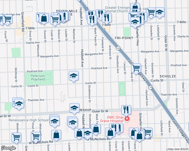 map of restaurants, bars, coffee shops, grocery stores, and more near 18260 Mark Twain Street in Detroit